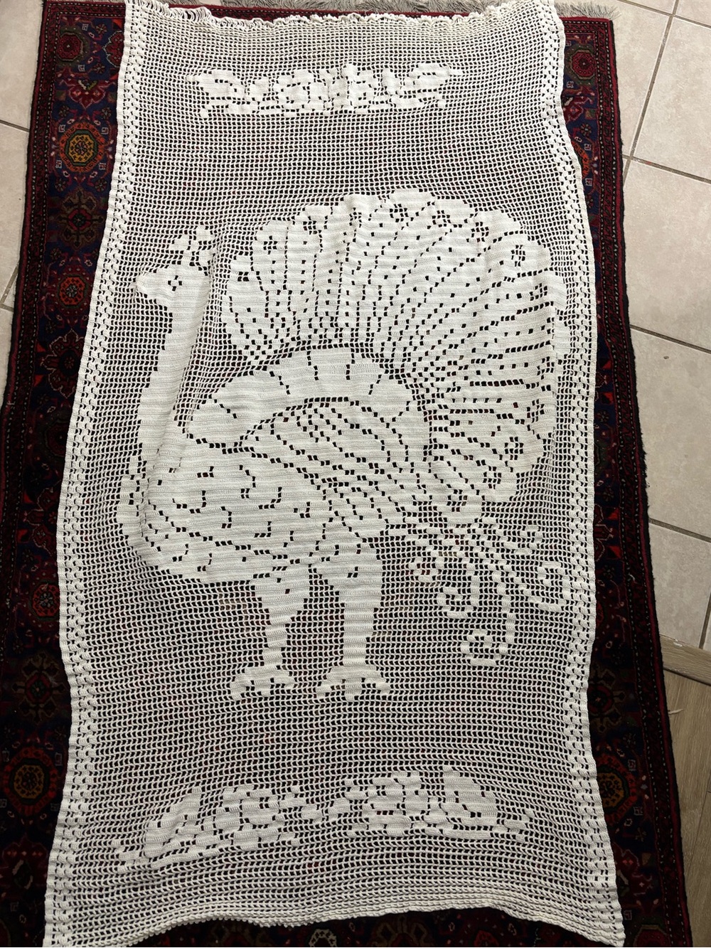 Filet Crochet Wall Decor Throw Peacock Floral Handmade
